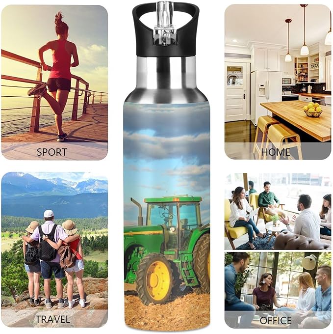 Tractor Stainless Steel Water Bottle with Straw Lid - 20 Oz Sports Insulated Water Bottle Thermos for Sport Gym Outdoor Travel School