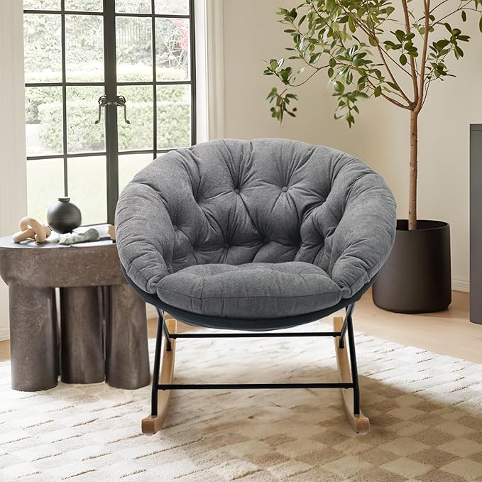 COLAMY Rocking Chair Nursery, Upholstered Glider Rocker Accent Chair Saucer Armchair with Comfy Cushions, Wood Base and Metal Legs for Living Room, Bedroom, Office, Grey