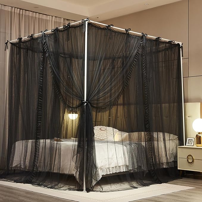 4 Corners Post Princess Curtain Bed Canopy Lace Up Double Layer 4 Opening Mosquito Net Mesh for Girls Bedroom Decoration(Black, 53" W*78" L*82" H/Full)