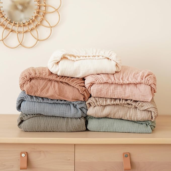 Konssy Muslin Fitted Crib Sheets 100% Cotton Baby Crib Sheets for Standard Crib Mattress (28 X 52 Inches), Soft and Breathable for Boys, Girl (Sun)