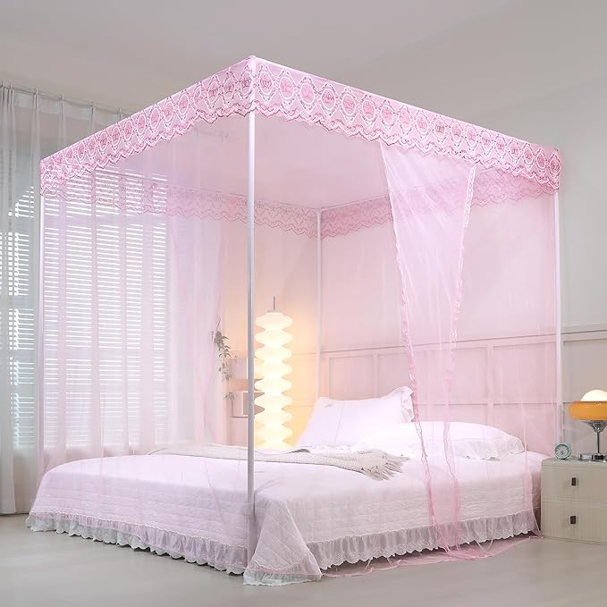 Bed Canopy, Princess Bed Curtain Net for Girls & Adults,Three-Doors Rectangle Lace Dome Netting (Baby Pink, Queen)