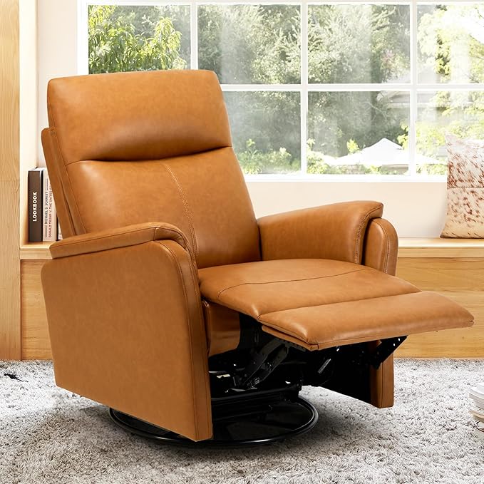 Swivel Rocking Recliner Glider Chair, Leather Reclining Rocker Chair with Footrest for Living Room, Nursery, Office, Bedroom, Ergonomic High Backrest, Wide Seat Cushion and Metal Base-Camel