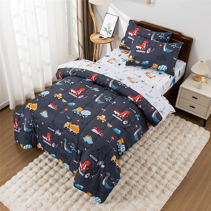 Meeting Story Construction Truck Car Full Comforter Set for Boys,5 Pieces Dinosaur Bedding Set with Sheets and Pillowcases,Excavator Lightweight Microfiber Bedding Sets(Grey,Full5pcs)