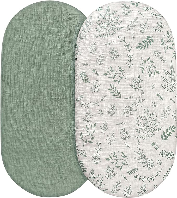 Muslin Bassinet Sheets 2 Pack for Baby Boy and Girl, Breathable Elastic Cozy Fitted Cotton Bassinet Mattress Sheet, Universal Fit for Hourglass Oval and Rectangle Bassinet Mattress (Natural Leaves)