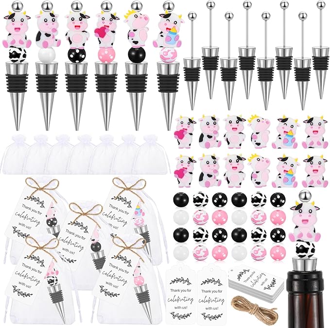 Gisafai 36 Set Cow Beadable Wine Stoppers Thank You Wedding Favors for Guests Decorative Beaded Wine Bottle Stopper with Cow Beads Organza Bag Tag for Wedding Cow Party Favor Baby Shower Gifts