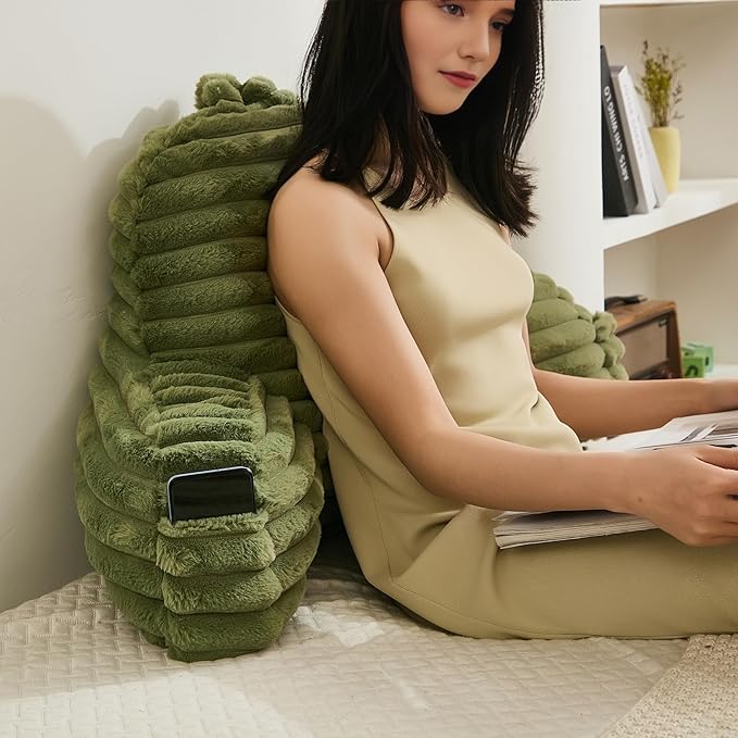 Faux Fur Fluffy Sage Reading Pillow with Pockets, Luxury Striped Plush Decorative, Arm Rests and Back Surport for Bed Rest, Lounging on sofa, Large