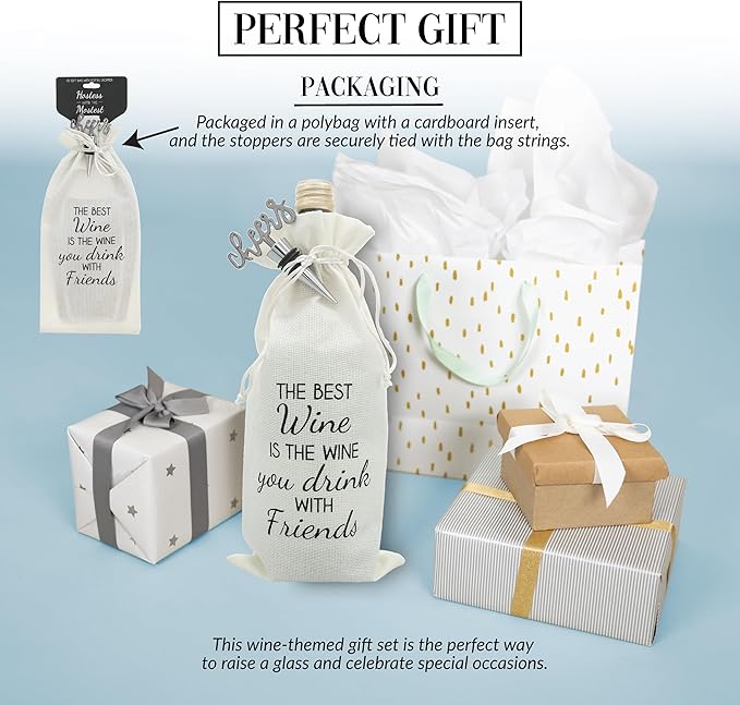 Pavilion Gift Company Drink with Friends-13 Wine Gift Bag Set, 13", Cream/Beige, Black, Silver