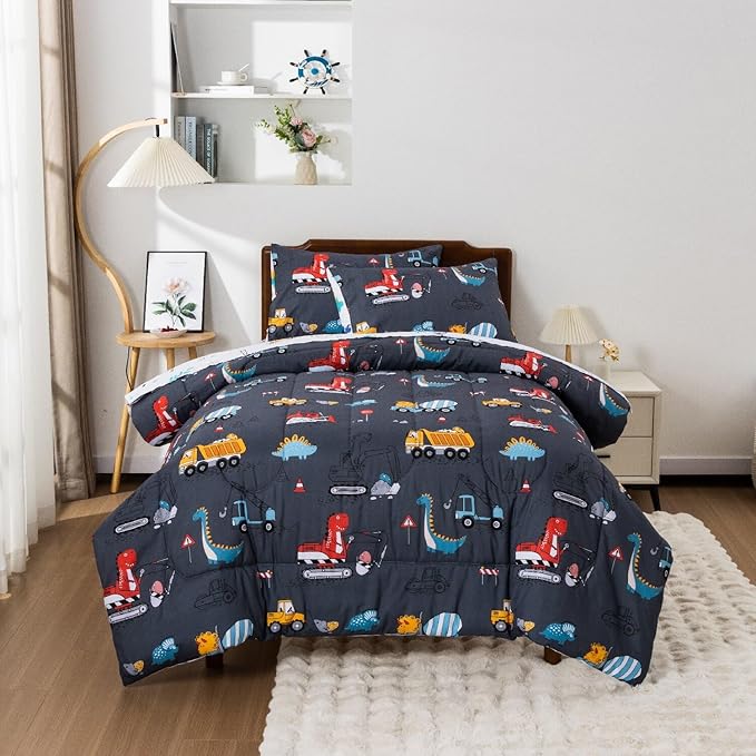 Meeting Story Construction Truck Car Full Comforter Set for Boys,5 Pieces Dinosaur Bedding Set with Sheets and Pillowcases,Excavator Lightweight Microfiber Bedding Sets(Grey,Full5pcs)
