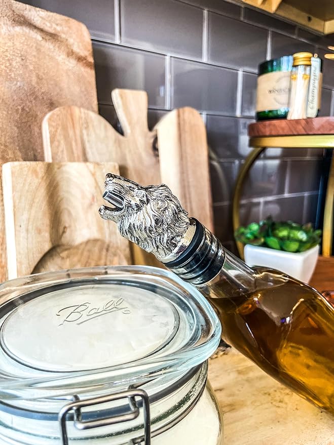 Wine & Champagne Pourer | Silver Color Stainless Steel | Bottle Stopper Aerator for Whiskey and Liquor | Decanter and Bar Tools Accessories and Gift Set Ideas for Her and Him (LION)