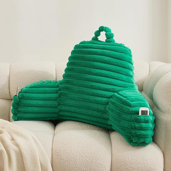 WERDIM Reading Pillow for Sitting in Bed, Faux Fur Back Pillow for Bed Rest, Bed Chair Pillow with Arms and Pockets(Large, Emerald)