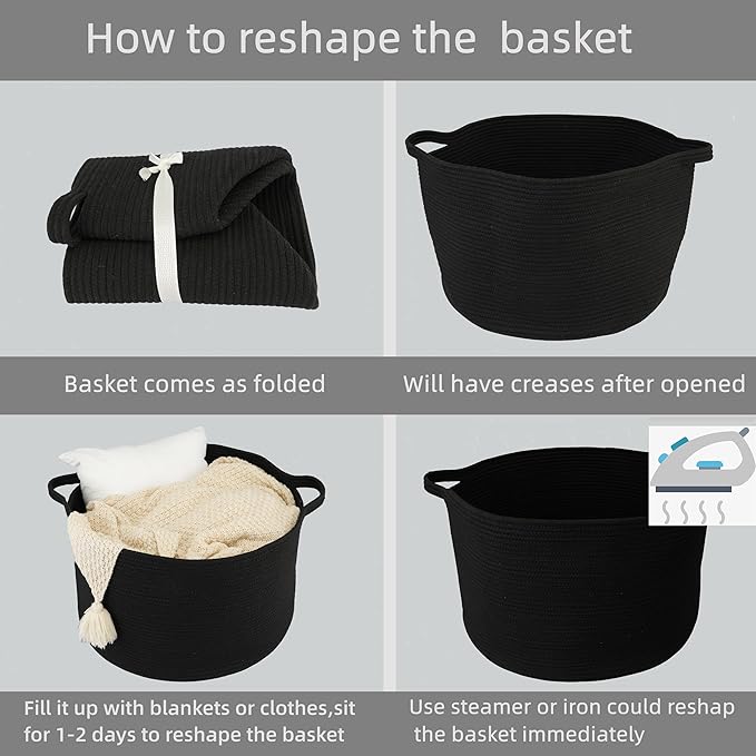 Large Cotton Rope Basket Blankets Basket Living Room 22"x14" Toy Basket for Kids and Dogs Rope Storage Basket for Nursery Woven Laundry Basket for Clothes Towels Baby Toy Storage round black