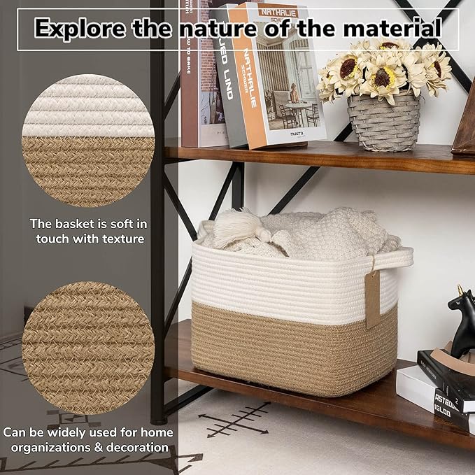 Goodpick Woven Storage Baskets for Organizing, Dog Toy Basket Medium Empty Gift Basket with Handles, Square Wicker Basket, White and Jute Storage Bin, 13.5 x 11 x 9.5 Inches