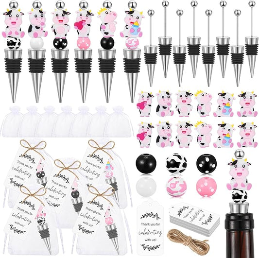 Gisafai 12 Set Cow Beadable Wine Stoppers Thank You Wedding Favors for Guests Decorative Beaded Wine Bottle Stopper with Cow Beads Organza Bag Tag for Wedding Cow Party Favor Baby Shower Gifts