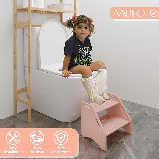 AMBIRD Wooden Step Stool, Two Step Stools Toddler 300 lbs Capacity with Safety Non-Slip Pads and Handles, Bamboo Step Stool for Bathroom, Kitchen Step Stools Dual Height Step Stools for Kids (Pink)