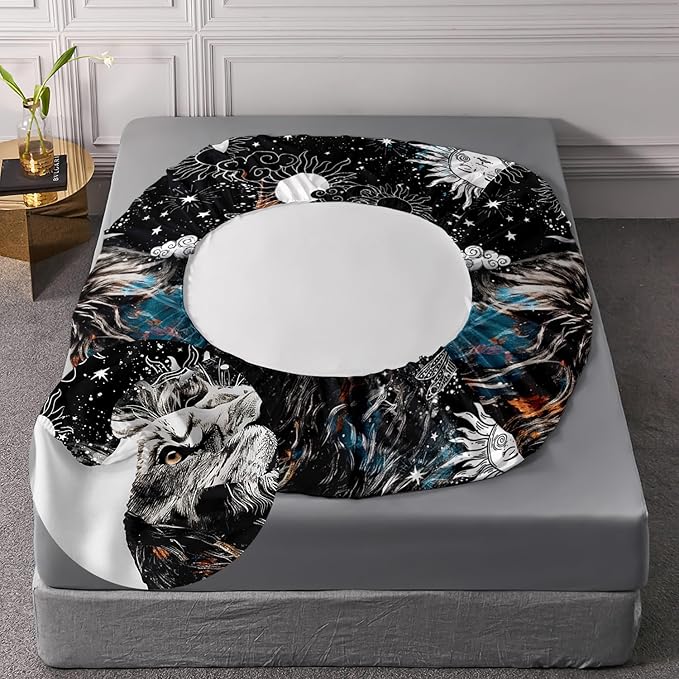 AILONEN Lion Print Queen Size Fitted Sheet Set for Boys, Sun and Moon Bed Sheet Cover Set Queen,3 Pieces Black and White Sheet Set Queen Galaxy Lion Fitted Sheet with 2 Pillowcases