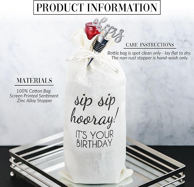 Pavilion Gift Company Sip Hooray-13 Wine Gift Bag Set, 13", Cream/Beige, Black, Silver