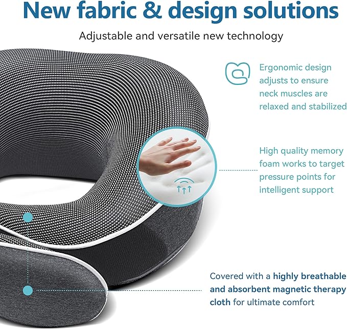 Travel Pillow 100% Pure Memory Foam Neck Pillow, Pillows for Sleeping, Car and Airplane Travel Essentials, Travel Kit with 3D Contoured Eye Masks, Earplugs and Luxury Mesh Bag (Dark Grey)