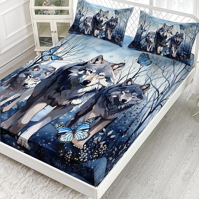 AILONEN Wolf Fitted Sheet Set Full Size for Boys Girls Animal Wolf Wildlife Bed Sheet Set,Tie Dye Wolf Fitted Sheet with 2 Pillowcases,3 Pieces Safari Wolves Print Bed Sheet Set