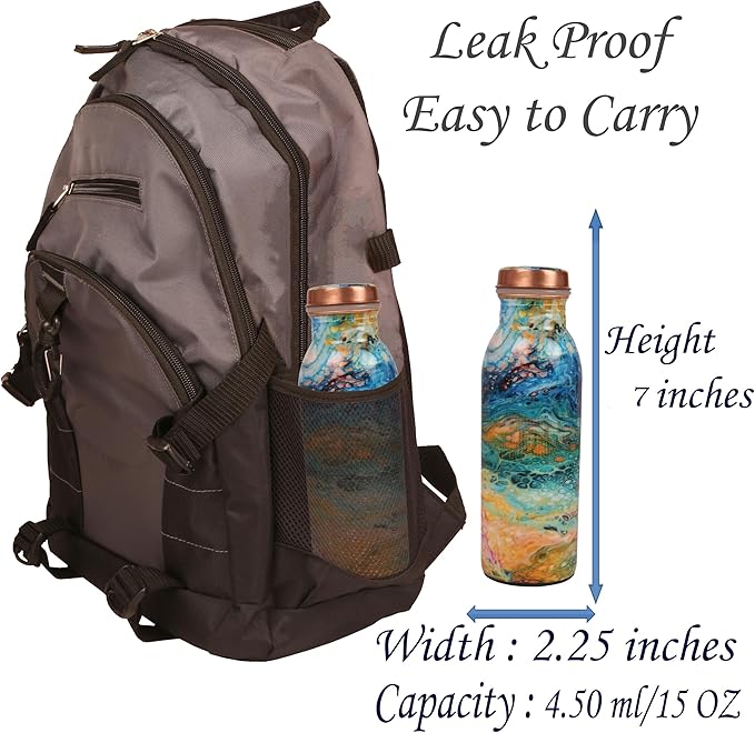 Pure Copper Water Bottle - Handcrafted - Ayurveda health benefits - Small 15 oz - Leak proof - Easy to carry for Sports, Fitness, Yoga, School - Royal Mosaic 3D Vintage Colorful Enamel