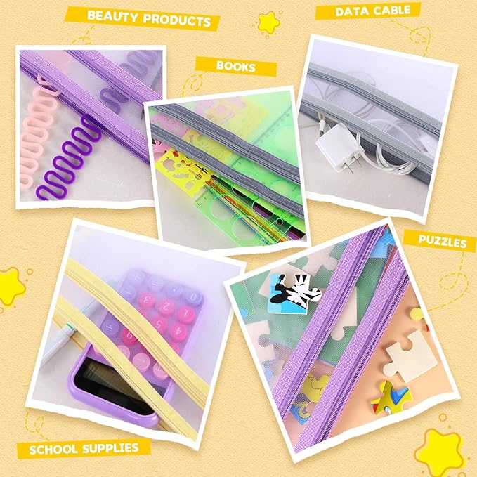20 Pack Colored Mesh Zipper Pouch Bags,5 Color,A4 Double-Layer Nylon Puzzle Building Block Sets Toy Storage Organization, Mesh Bags with Zipper and Handle for School Office Playroom Storage