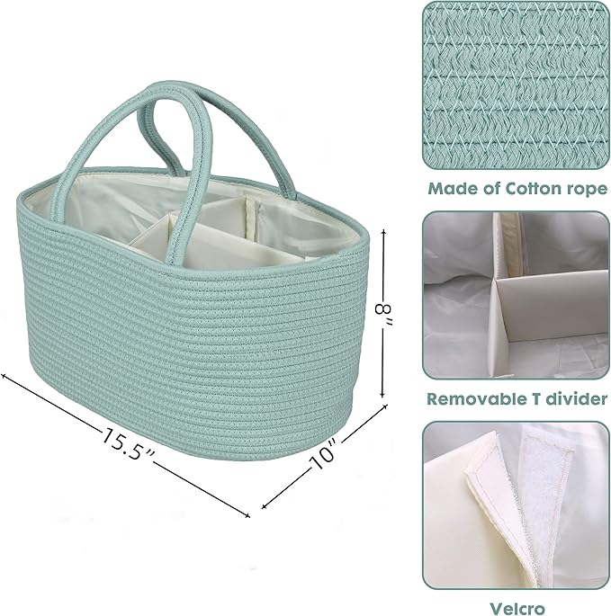 Large Baby Diaper Caddy Organizer for Girl Boy Rope Nursery Storage Bin Basket Portable Holder Tote Bag for Changing Table Car Travel Baby Shower Gifts Newborn Essentials Registry Must Have Green
