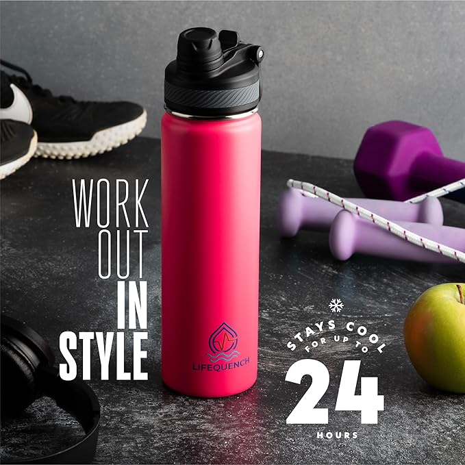 Insulated Water Bottle with Straw and Handle 22 oz-Stainless Steel Water Bottles with Straw, Dual Cap Function & Sleeve, Keeps Drinks Hot Up to 12 Hours & Cold Up to 24 Hours (Hot Pink)