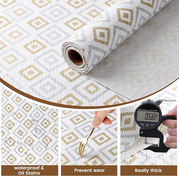 Shelf Liners for Kitchen Cabinets 15in X 15FT, Non Adhesive Cabinet Liner Strong Non-Slip Thickened Gold Geometric Drawer Liner, Washable Liner Easy to Clean for Shelf