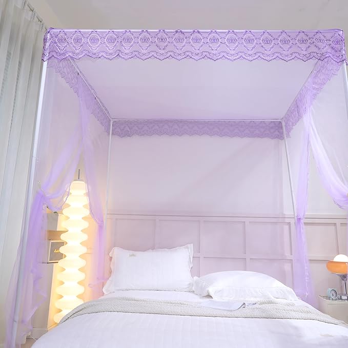 Bed Canopy, Princess Bed Curtain Net for Girls & Adults,Three-Doors Rectangle Lace Dome Netting (Purple, King)