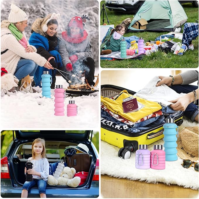 JaneJu Collapsible Water Bottle, 17oz BPA Free Silicone Reusable Portable Lightweight Foldable Water Bottles with Carabiner, Portable Leak Proof Sports Water Bottle (black&white)