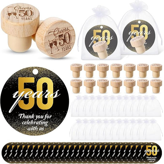 Barydat 50 Sets 50th Birthday Party Favors Wine Bottle Corks Wooden Wine Stopper 50th Anniversary Cheers to 50 Years Thank You Cards Labels Organza Bags Thank You Gifts 50th Birthday Gifts for Guest