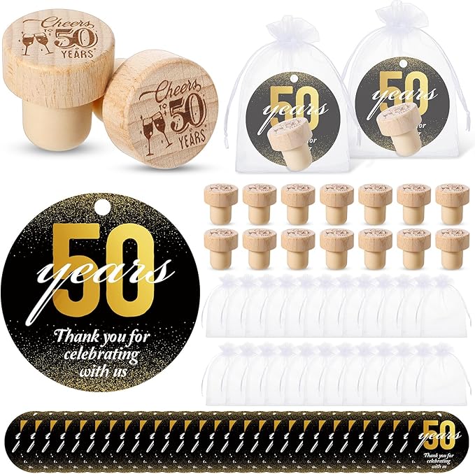 Barydat 50 Sets 50th Birthday Party Favors Wine Bottle Corks Wooden Wine Stopper 50th Anniversary Cheers to 50 Years Thank You Cards Labels Organza Bags Thank You Gifts 50th Birthday Gifts for Guest