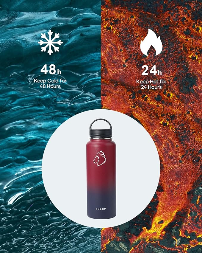 BUZIO Water Bottle with Straw lid, Spout Lid, Hand Lid and Carrying Pouch, 32oz 40oz 64oz Stainless Steel Water Flask Jug, Cold for 48 Hrs Hot for 24 Hrs Double Vacuum Thermo Canteen Mug, BPA-Free