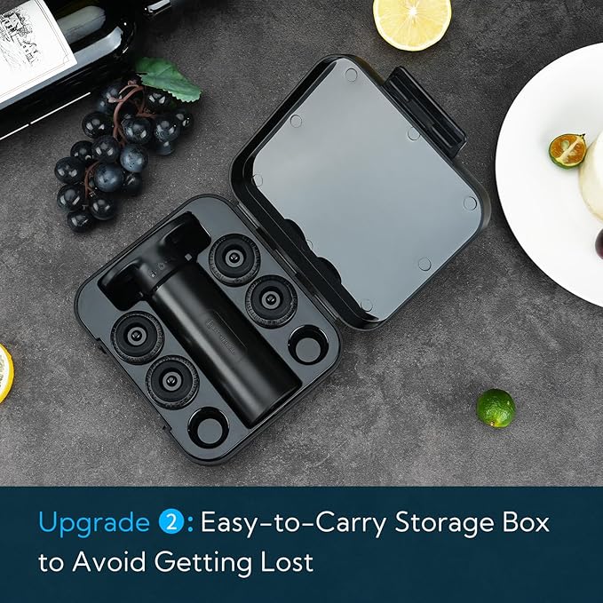 KITCHENDAO Wine Saver Pump with Sound Indicator,4 Vacuum Wine Stoppers and Storage Box,Reusable Wine Stoppers Preserver to Keep Wine Fresh,Ideal Wine Accessories Wine Preserver(Black)