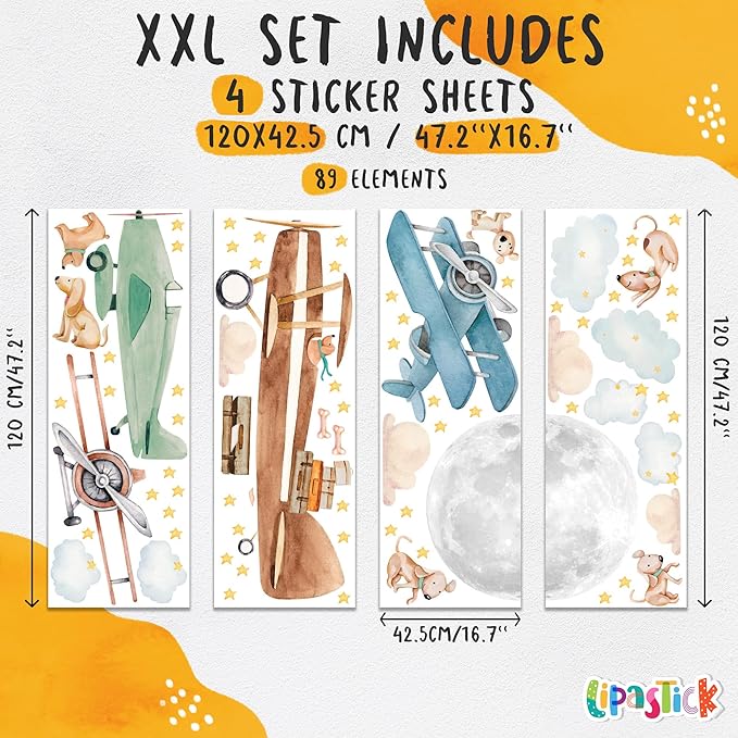 Large Airplane Wall Decals for Kids by Lipastick - 89 pcs Premium Kids Wall Stickers Aircrafts - Creative Nursery Wall Decal - Plane Vinyl Wall Decals for Baby Nursery Children Room Bedroom XXL Size