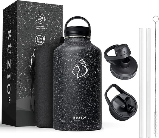 BUZIO Water Bottle with Straw lid, Spout Lid, Hand Lid and Carrying Pouch, 32oz 40oz 64oz Stainless Steel Water Flask Jug, Cold for 48 Hrs Hot for 24 Hrs Double Vacuum Thermo Canteen Mug, BPA-Free