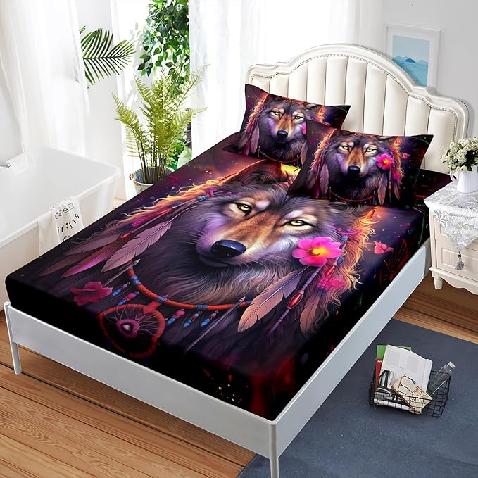 AILONEN Wolf Dream Catcher Fitted Sheet Set Full Size, Wildlife Wolf Bed Sheet Set,Safari Animal Moon Wolf Fitted Sheet and 2 Pillowcases,3 Pieces(Boys/Men/Kids/Teens)
