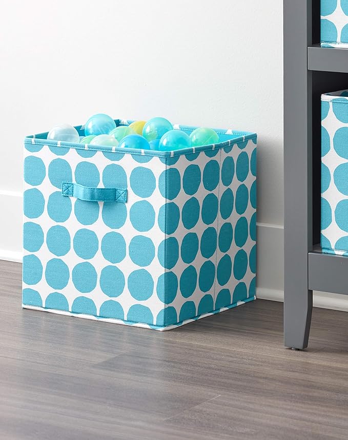 iDesign Dot Fabric Storage Cube Bin, Medium Basket Container with Dual Side Handles for Closet, Bedroom, Toys, Nursery - Teal