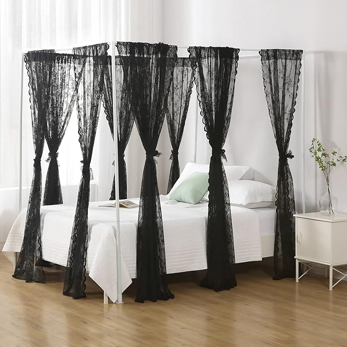 Black French Lace Canopy Bed Curtain Queen, Gothic Style Bed Canopy for Girls Bed Scarf Room Decor