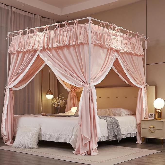 4 Corners Post Princess Ruffle Curtain Bed Canopy Lace Up Elastic Cozy Breathable Tent Mosquito Net for Girls Bedroom Decoration(Pink, 70-78" W*86" L*82" H/King)