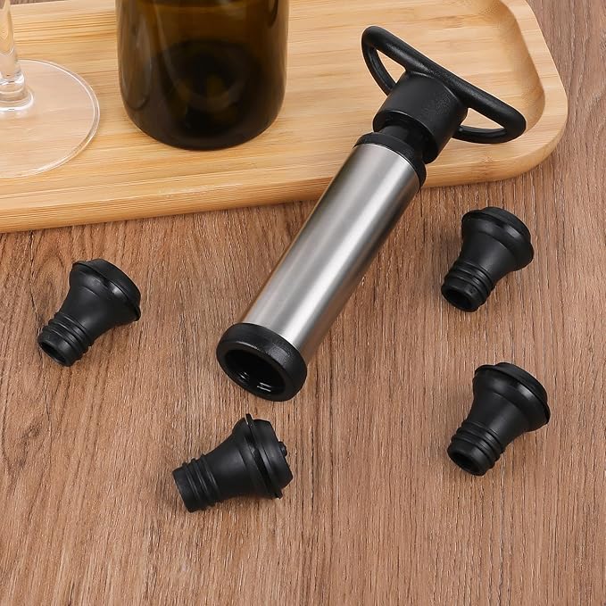 Wine Vacuum Pump and Stopper for All Standard Wine Bottles, Wine Savers Vacuum Pump Wine Preservation System with 4 Wine Pump Vacuum Stoppers for Wine Lovers Keeping Wine Fresh