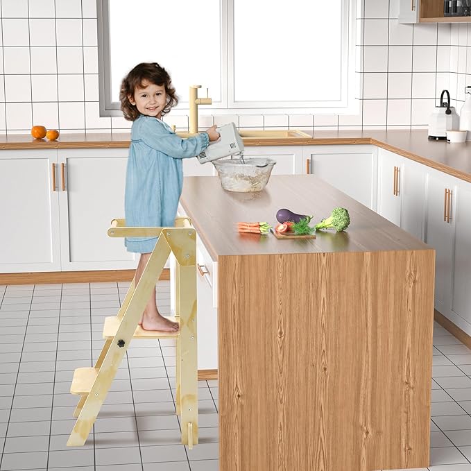 Folding Toddler Step Stool, Wooden Montessori Toddler Tower, Kitchen Tower, Kids Step Stool Toddler Tower for Toddlers and Kids 2-6 Years.