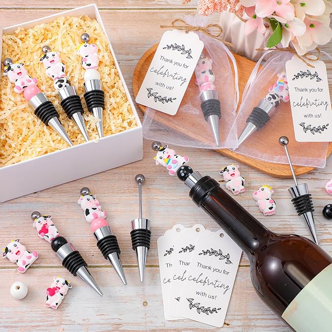 Gisafai 36 Set Cow Beadable Wine Stoppers Thank You Wedding Favors for Guests Decorative Beaded Wine Bottle Stopper with Cow Beads Organza Bag Tag for Wedding Cow Party Favor Baby Shower Gifts