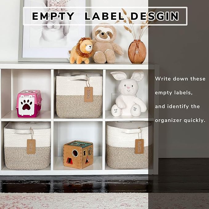 Goodpick Woven Storage Basket for Shelves, Cotton Rope Dog Toy Bin, Empty Gift Basket with Handles, Square Baskets for Storage, Brown and White Storage Bin, 13 x 10 x 9 Inches