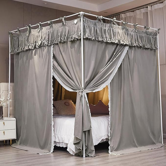 Ruffle Lace up 4 Corners Post Princess Curtain Bed Canopy Cozy Breathable Mosquito Net Cloth for Girls Adults Bedroom Decoration (Grey, 64" W*82" L*82" H/Queen)