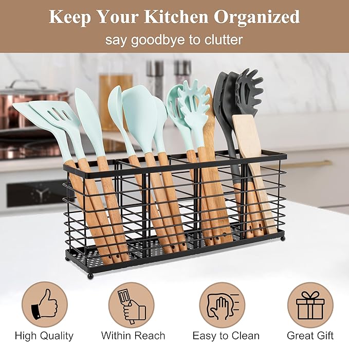 RedCall 4 Compartments Utensil Holder,Extra Large Cooking Utensil Organizer for Countertop,Black Metal Spoon Spatula Holder,Kitchen Tools Storage Holder,Kitchen Decor (4 Compartment)