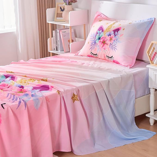 VIVILINEN Twin Size Bed Sheets Set for Kids Girls 3 Piece Pink Unicorn Kids Sheets Set Toddler Twin Bedding Set Include Flat Sheet, Deep Pocket Fitted Sheet and Pillowcase
