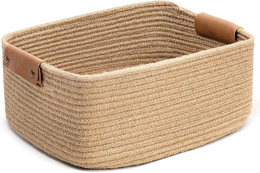 CHICVITA Rectangle Jute Rope Woven Basket with Handles for Books, Magazines, Toys - Decorative Rectangle Basket for Baby Nursery, Living Room, Bathroom