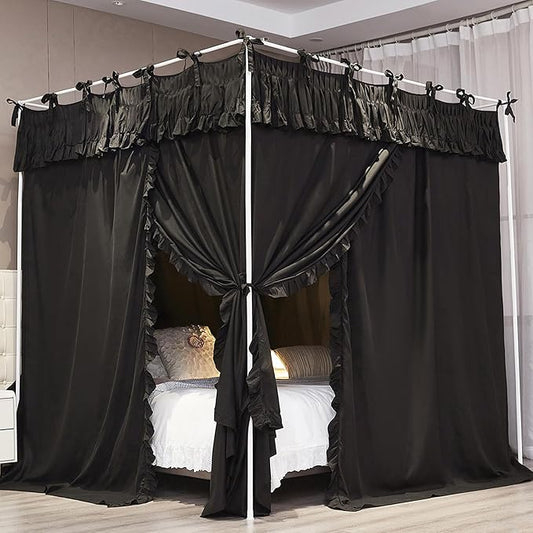 Ruffle Lace up 4 Corners Post Princess Curtain Bed Canopy Cozy Breathable Mosquito Net Cloth for Girls Adults Bedroom Decoration (Black, 59" W*82" L*82" H/Queen)