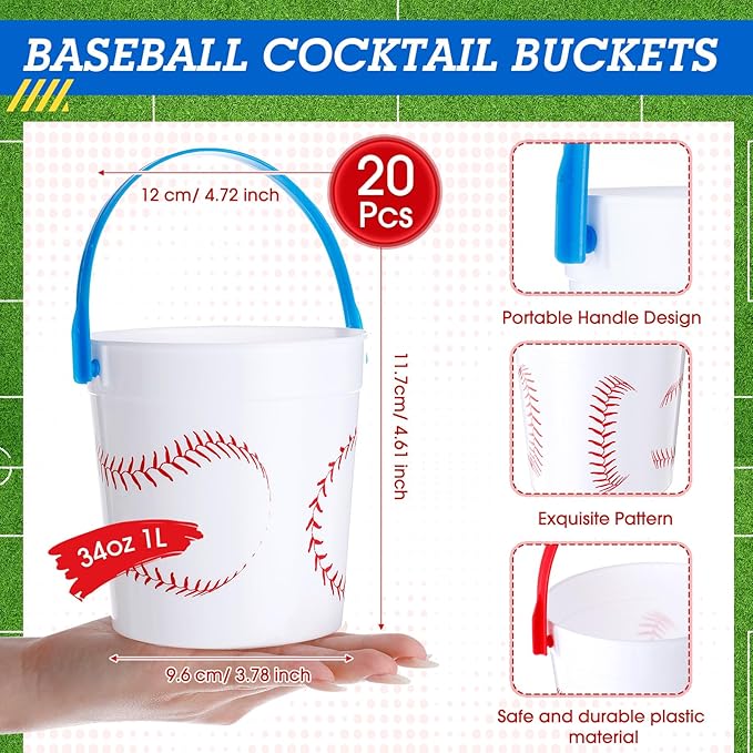 Mifoci Baseball Small Plastic Bucket with Handles 34 oz Versatile Baseball Treat Bucket Baseball Ice Bucket Bulk for Wine Beverage Baseball Party Bar Alcohol Beer Snack Drink Pail Gifts(20 Pcs)