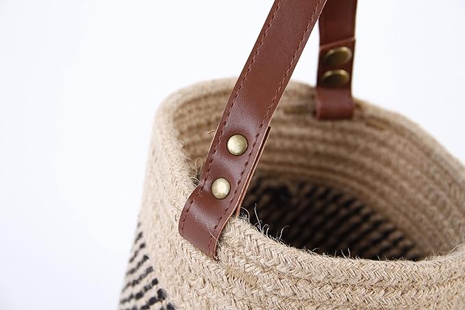 Hanging Basket(2Piece) Wall Woven Cotton Rope Storage Basket with Leather Decorative Baskets Organizer for Kitchen Office Bedroom,Plants,Towels, Toys